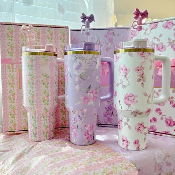 

US Warehouse 40oz Tumbler Blue Magnolia Pink Rose Lilac ral Cups 40 OZ Stains Steel Tumblers With Handle Lid And Straw Travel Car Mugs Clean Slate Water, Multi-color