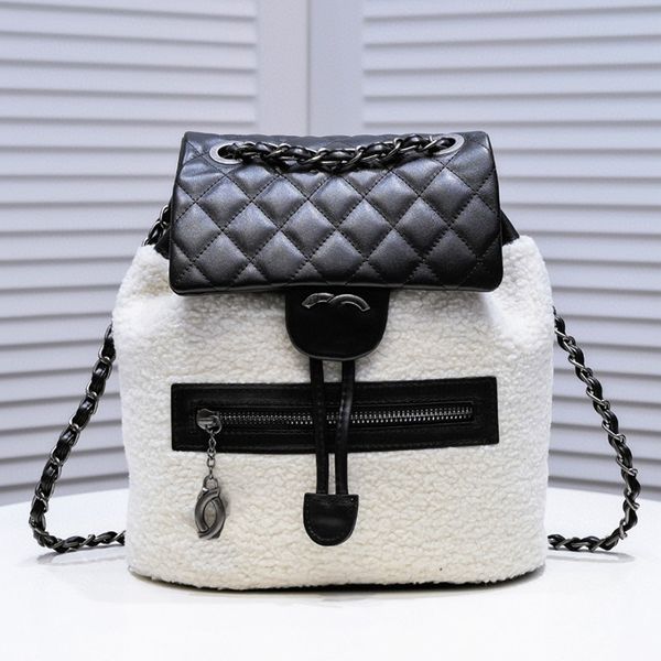 

Womens Designer Autumn/Winter Drawstring Backpack Lamb Wool Pair Version Braided Edge Large Capacity Shoulder Bag Casual Bag, Split