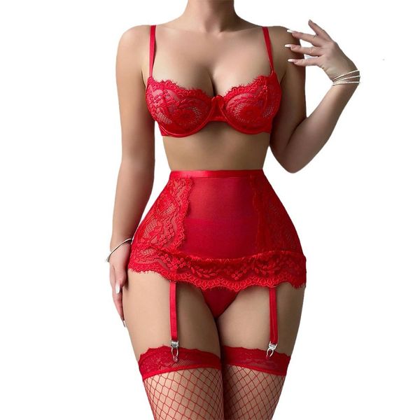 

Sexy Lingerie Lace Bra Short Skirt Thong Three Piece Set, Red