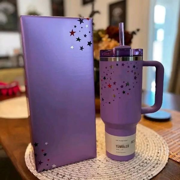 

USA Local Warehouse 40oz Purple Star H2.0 Cups 40 oz Stainless Steel Tumblers with handle Lid and straw Neon White Pink Travel Car Mugs Water Bottles 0807, Multi-color