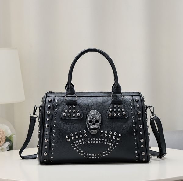 

Fashionable women shoulder bags street personality rivet punk motorcycle bag large soft padded leather handbag cool skull fashion backpack wholesale, Black