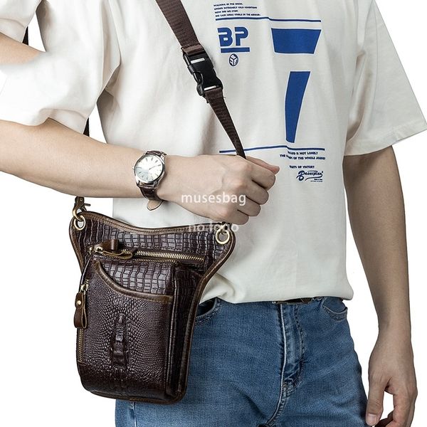 

First layer cowhide men's motorcycle leg bag retro alligator leather motorcycle riding waist hanging bag, Coffee