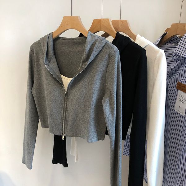 

Autumn Winter Womens Knits Tees Thread Cotton Zipper Coat Womens Polo Fashionable Long Sleeved Cardigan Minimalist Versatile Hooded Sweater, Gray