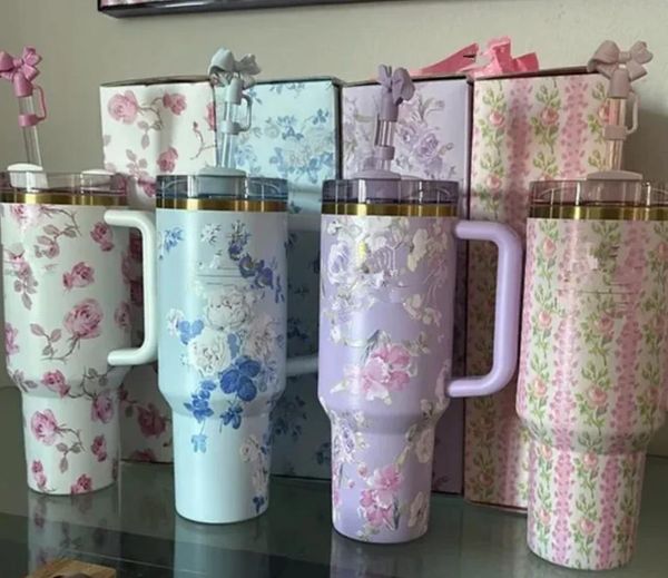 

Ship From USA 40oz TUMBLER Pink Rose Blue Magnolia Mug Holiday Stainless Steel Tumbler with Silicone Handle Lid and Straw Cups Mugs Target water bottles G0816, Multi-color