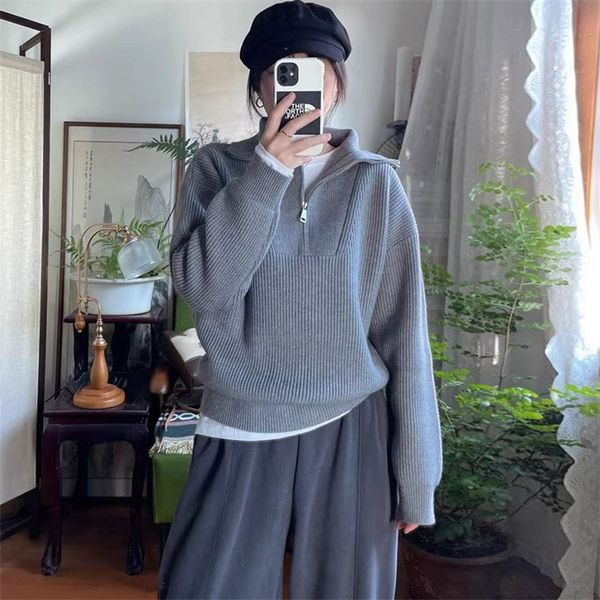 

Designer Fashion Womens Top Quality Sweaters Autumn/Winter New Top Lapel Half Zipper Polo Pullover Minimalist Temperament Casual Knit Womens, Navy