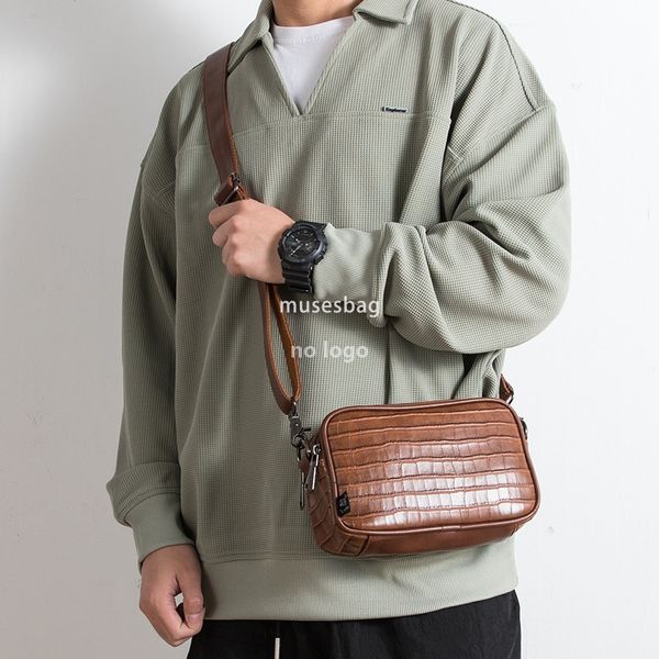 

Fashion brand soft leather shoulder bag crocodile print Europe and the United States casual small body bag men's personality summer mobile phone bag square bag, Brown