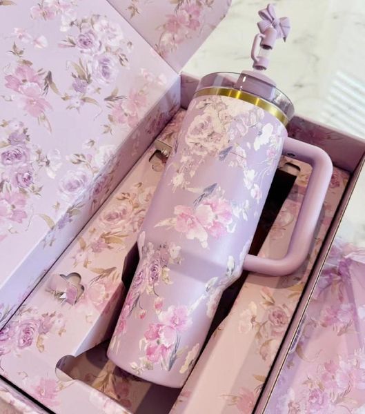 

DHL 40oz United States Warehouse Tumbler Love shack fancy pink rose blue magnolia mug stainless steel tumbler with silicone handle lid and straw cup water, Multi-color