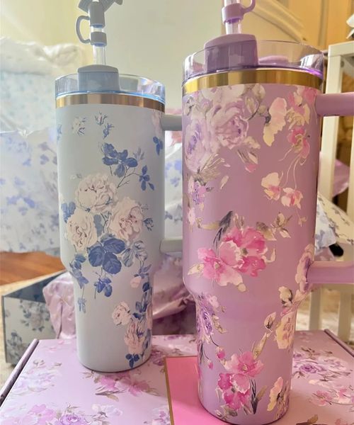 

Ship From USA 40oz TUMBLER Pink Rose Blue Magnolia Mug Holiday Stainless Steel Tumbler with Silicone Handle Lid and Straw Cups Mugs Target water bottles GG0817, Multi-color