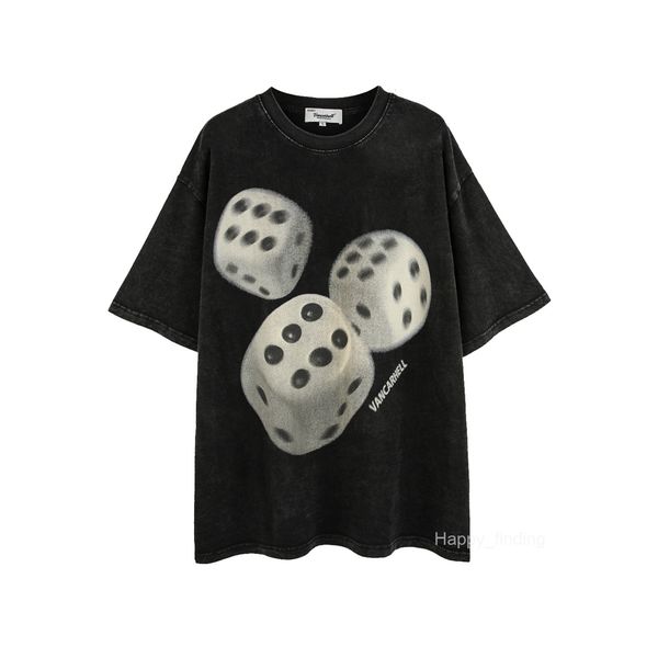 

Summer American Street Trendy Dice Theme Washed Water for Aging Oversized Short Sleeved T-shirt, Black
