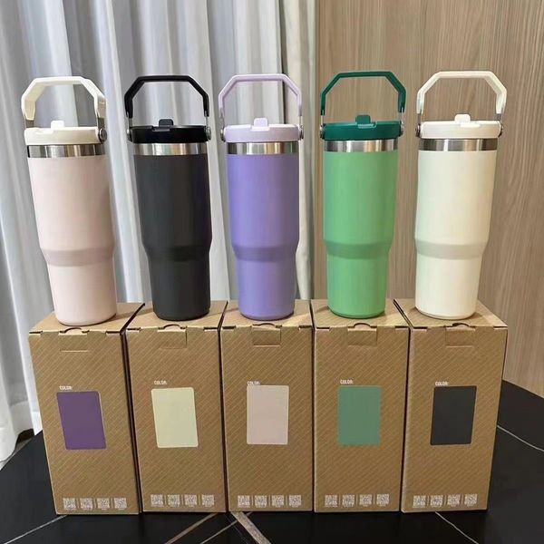 

Stainless Steel Tumbler Straw Flat bottomed Car Vacuum Insulated Water Bottle Reusable Leak proof Flip Cup Lid with Handbag, Pink