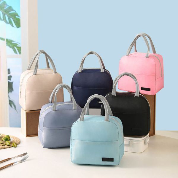 

New solid color diagonal bento bag hand-held insulation bag thickened student lunch box bag bento bag meal bag, Sky blue