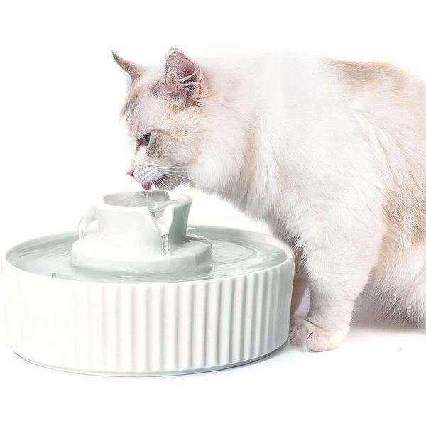 

NautyPaws 2.1L Ceramic Pet Water Fountain - Drinking Dispenser for Cats & Dogs with Replacement Filters and Foam (White), Beige