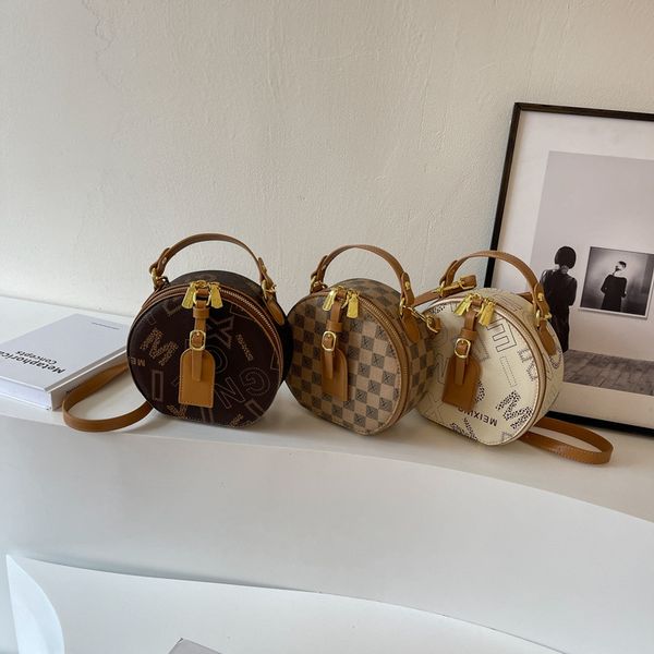 

Personality womens shoulder bags 3 colors cute round printed handbag styling contrast leather fashion mobile phone coin purse plug belt handbags wholesale, Cream
