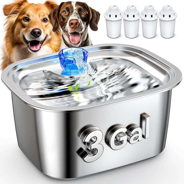 

3 Gallon Stainless Steel Pet Fountain Large Dogs - Extra Big Water Bowl Dispenser with 4-Pack Filters, Quiet Pump, Suitable for Cats, Beige