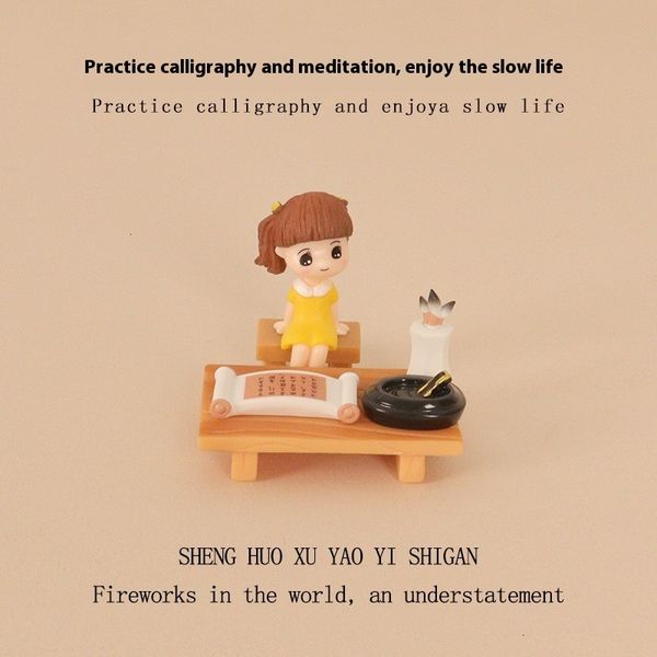 

Creative micro landscape, mini low table, girl practicing calligraphy scene, resin crafts, home decoration, desktop ornaments