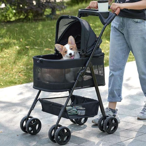 

3-in-1 dog pet folding stroller, 4-wheel dog/cat/puppy stroller with detachable travel rack, Beige