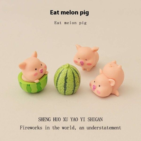 

Cartoon creative cute mini micro landscape pig eating watermelon scene desktop decoration ornament OB11