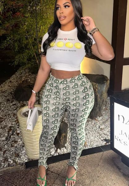 STYLISH LADY Heart Letter Printed Fitness 2 Piece Set Women Short Sleeve Crop Top and Skinny Pant Suits 2024 Summer Tracksuits