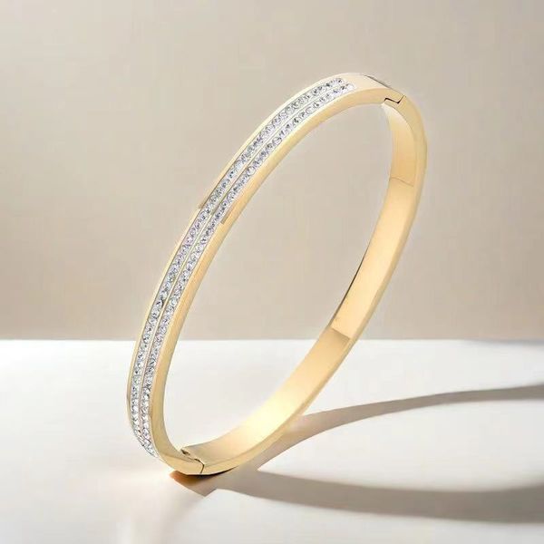 

Gold Plated Stainless Steel Bangle Bracelet for Women Classic Diamond Fashion Luxury Jewelry Wedding Mothers Day Party Gift