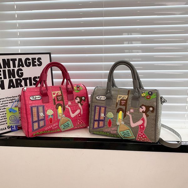 

Western women shoulder bags 6 colors high grade thick leather pillow bag sweet and lovely embroidered handbag large-capacity personalized graffiti backpack, Grey