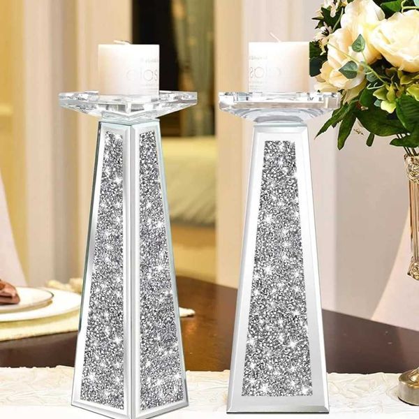 

2 Piece Candlestick Holding Pillar Candles Crystal Crushed Dia Candle Holders Set Decor for Dinning Room Holder Y240823