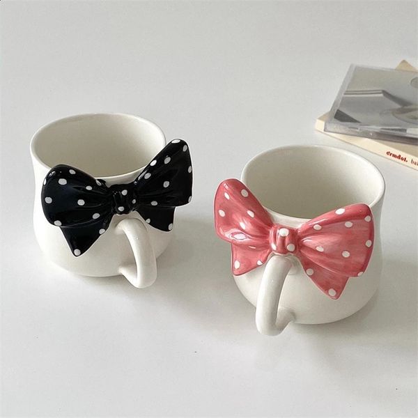 

French Girl Heart Ins Niche Ceramic Mug Cute Bow Coffee Home Heat-resistant Breakfast Milk Business Gift Cup 240822, Pink