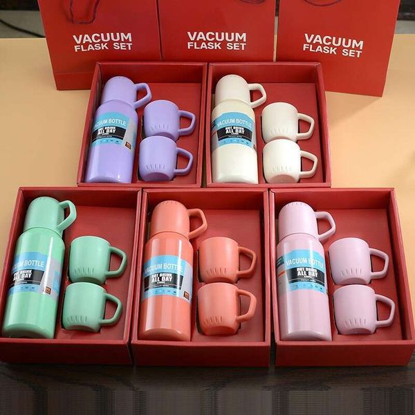 

Special offer aron souvenir stainless steel double-layer vacuum one cup, three lid gift box set insulated cup, Orange