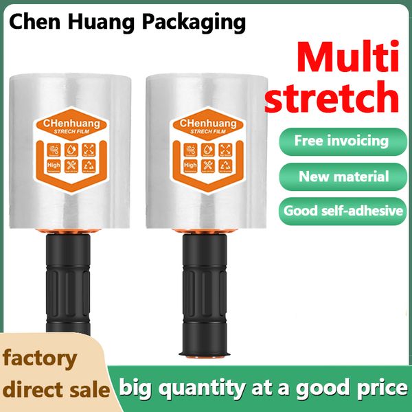 

Two packs of 13 cm wide by 305 m long elasticated transparent adsorbent durable for mobile heavy duty shrink wrap packaging for packing furniture