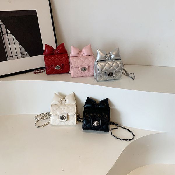 

Fashion children Bow dia chekered handbags INS girls PU leather messenger bag kids metals chain one-shoulder square bags S1891, Pink