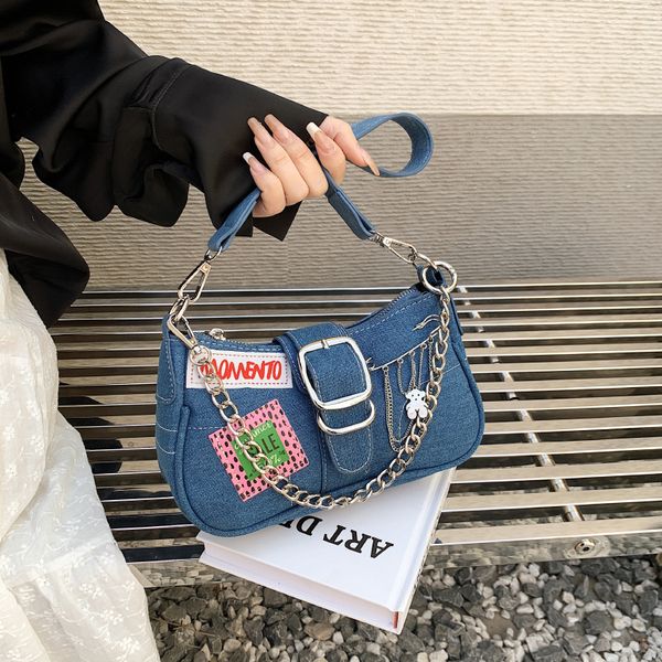 

Fashionable womens shoulder bags 3 colors street trend patch embroidery bag niche denim mobile phone coin purse personalized belt fashion handbag wholesale, Blue