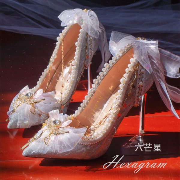 

With box Rite of passage wedding party sandals heels Mary Jane lolita bow diamonds pearl women shoes designer sandals heels Red background black pink starry sky, Starry sky champagne 9cm
