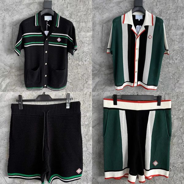

25ss Casasblanca High Quality Men Designer Striped Knitted Shorts New Hand Embroidered Straight Pants Loose Casual Lapel Button Knit Cardigan Shirt Sweater Top Set, Contrast color