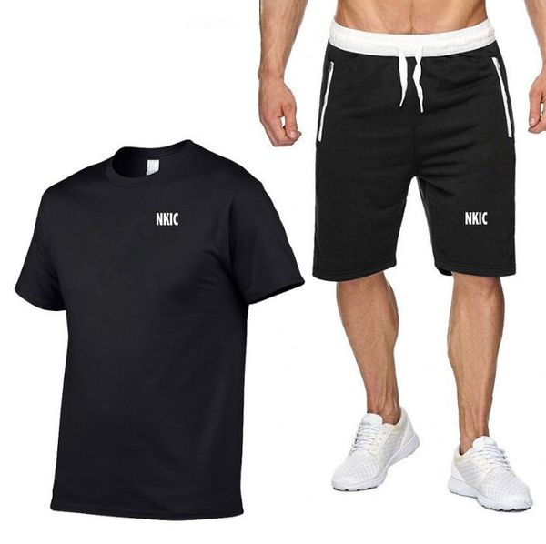 

Men's sportswear short sleeved 100% Cotton T-shirt and sports shorts summer casual jogging pants set men's two-piece set Plus Size S-2XL, Blue 1