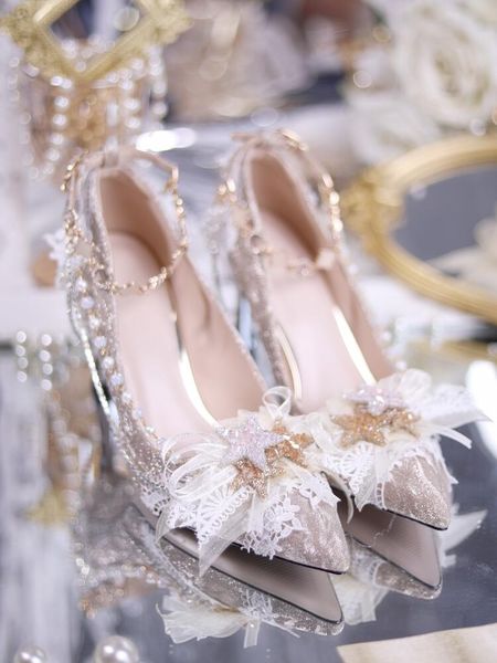 

women's high heels featuring Diamond accents and star motifs perfect for bridal events and celebrations sparkle and exquisite decorate the feet with the Milky Way, Strap gold 8cm