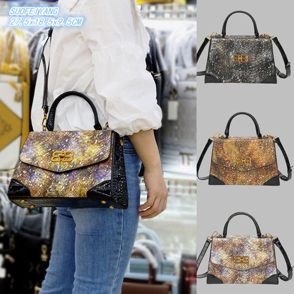 

Western womens handbags elegant retro snake shoulder bag metal buckle fashion messenger bag flip embossed stone handbag sweet sequined women's backpack, Black