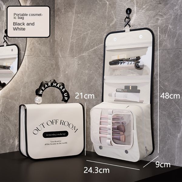 

Fashion hanging washing bag outdoor business trip portable cosmetic bag sweet and lovely Pearl handbag soft and light folding multifunctional embroidered handbag, Beige1/3654 (regular version)