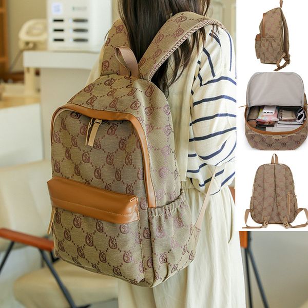 

Classic printed women's backpacks lightweight fashion travel backpacks commuting Joker contrast leather shoulder bag large capacity leisure student bag, Gold