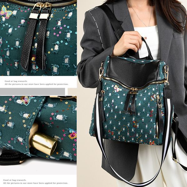 

Trend women's backpacks outdoor sports shopping travel leisure backpacks thickened printed leather handbags exquisite sequins fashion student bags, Green