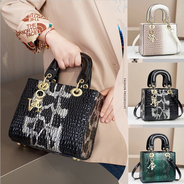 

Fashion womens handbags elegant atmosphere snake shoulder bag popular embossed leather handbags daily Joker stone mother bag metal pendant women's bag, Beige