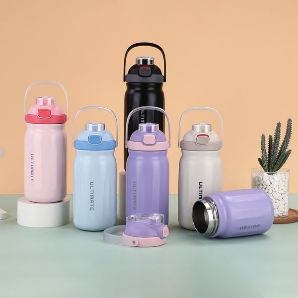 

Small fresh long-lasting straw large capacity portable insulated simple solid color travel water cup, Black