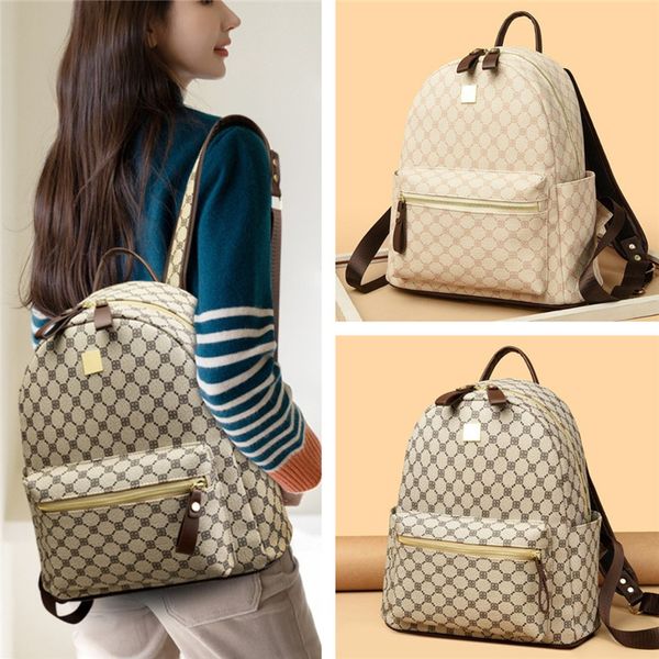 

Classic women's backpacks multifunctional padded leather backpacks elegant atmosphere plaid handbag college style color matching fashion student bag 2 colors, Brown