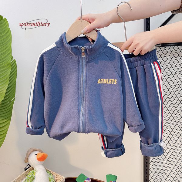 

Stylish 2024 Spring Boys' Zip-Up Hoodie and Pants Set in Navy Blue Cotton Blend