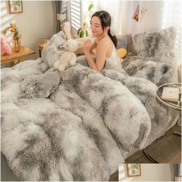 

Bedding Sets Shaggy Fluffy Coral Fleece Mink Veet Princess Style Set Quilt Duvet Cover Bed en Sheet Comforter Blanket Pillowcase Dh20O, Ice blue