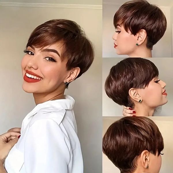 

Short e Cut Straight Brazilian Remy Human Hair Wigs With Bangs 99J Bury P4/30 #4 Glueless Wig 240828, Pink1