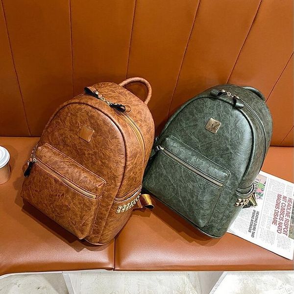 

Womens shoulder bag 5 colors solid color leather retro handbag outdoor leisure travel backpack street rivet backpack trend large capacity messenger bag wholesale, Blue