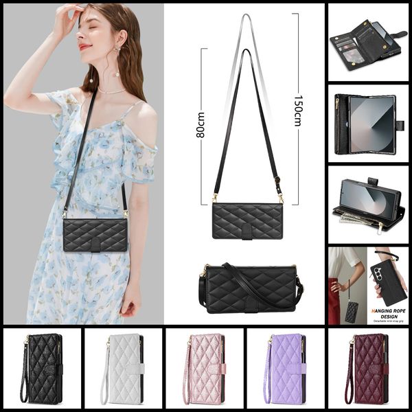 Crossbody Wallet Phone Case for Samsung Galaxy Z Fold 6 5 4 3 Long Shoulder Strap Zipper Card Purse Rhombus Grid PU Leather Shockproof Magnetic Flip Cellphone Cover