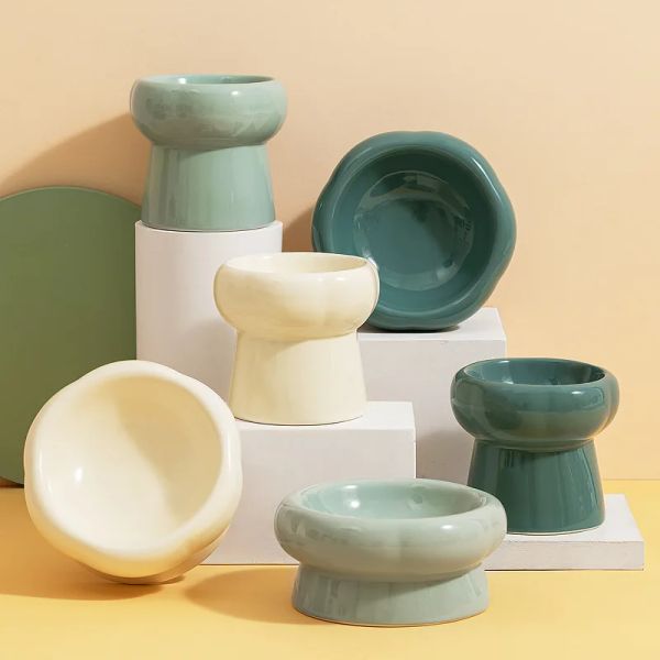 

Cat High Foot Ceramics Bowls Small Medium Dog Food Water Feeder Pet Drinking Eating Dishes Cats Puppy Elevated Feeding Bowl, White