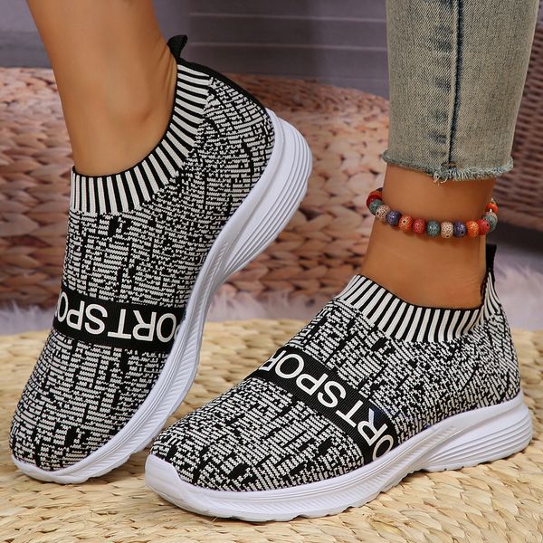 

Shoes Designer Women's Lightweight Casual Walking Shoes Fashion Striped Knitted Platform Sneakers Women Slip-On Breathable Mesh Flats Plus Size, Multi