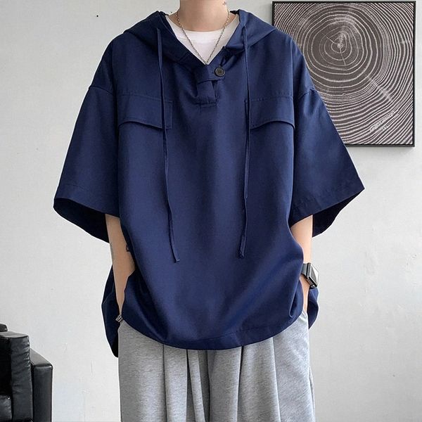 

5 Colors Summer Hooded T shirt Men Korean Half Sleeve Pullover Streetwear Loose T-shirt Tops Drawstring Men Clothing 5XL-Mjtul#, Purple