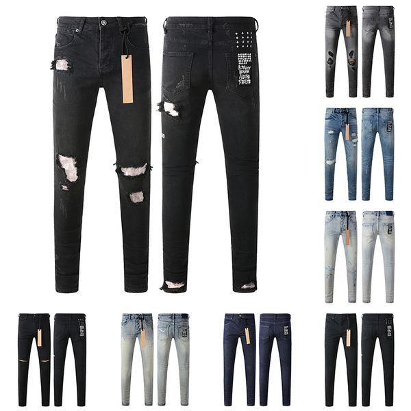 

Mens Stylish Distressed Denim Jeans with Rip Details - Slim Cut Fashion Pants, Purple